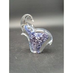 Blue White & Silver Elephant Paperweight Figurine 5" Trunk Up Sparkle Art Glass